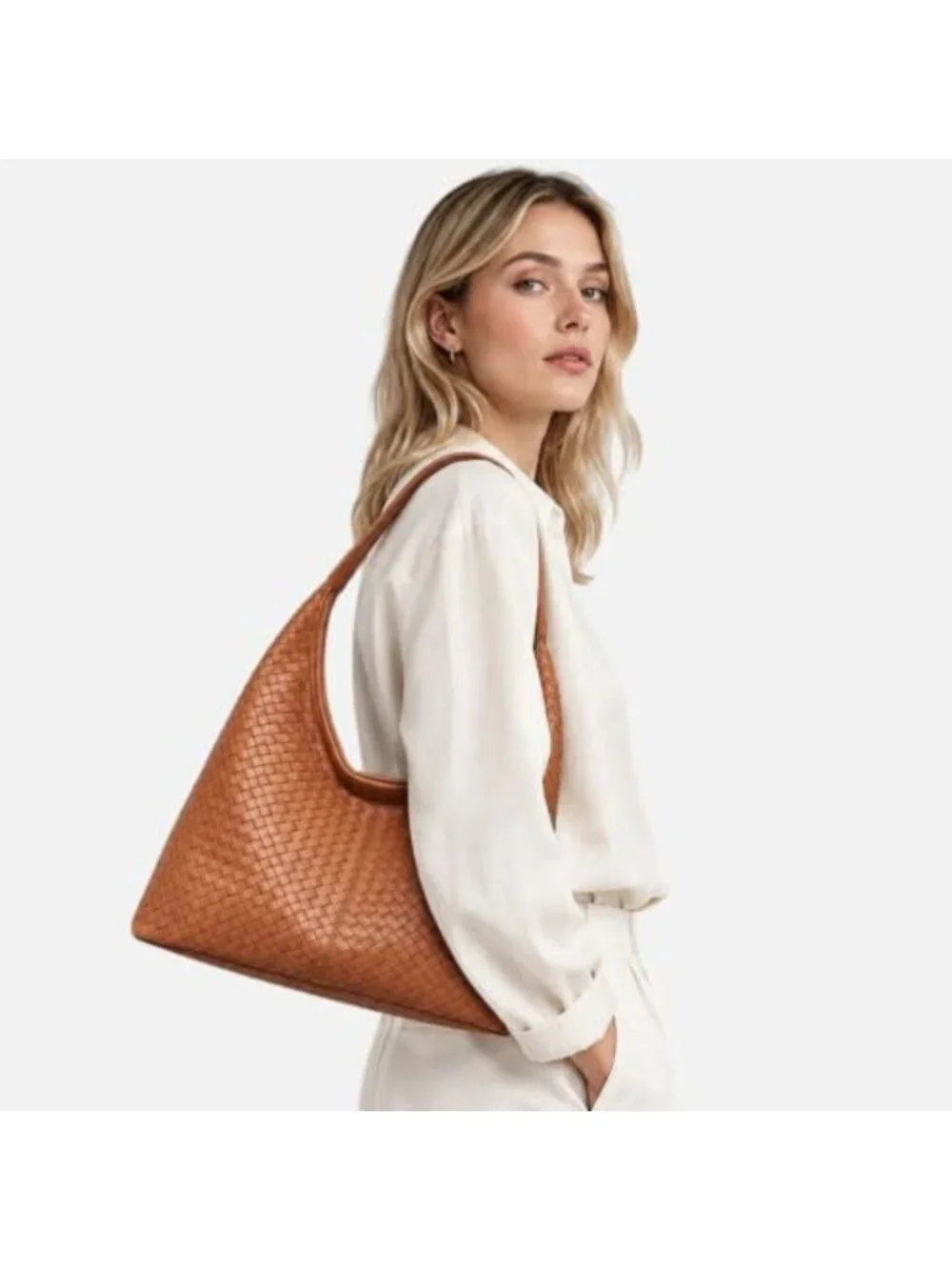 Large Slouchy Vegan Leather Hobo Tote Bag - Woven Textured Purse for Women